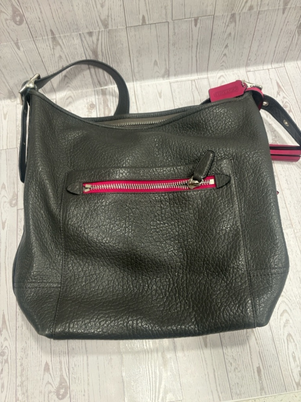 Coach Grey Pebbled Leather Crossbody with Pink Zip Accents